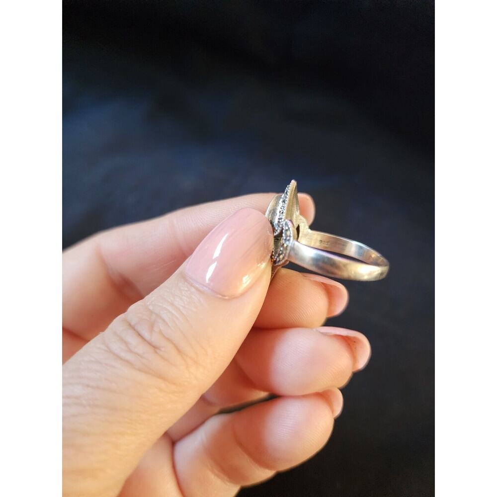 Silver 925 Marcasite And Black Stone Regency Bridgerton Style Ring Size 9 - Picture 3 of 4